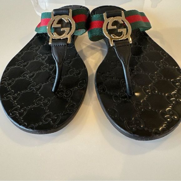 Gucci GG Web Stripe Thong Sandals EU 37.5 US7.5 Black Stripe Flip Flop Slides - Picture 4 of 7